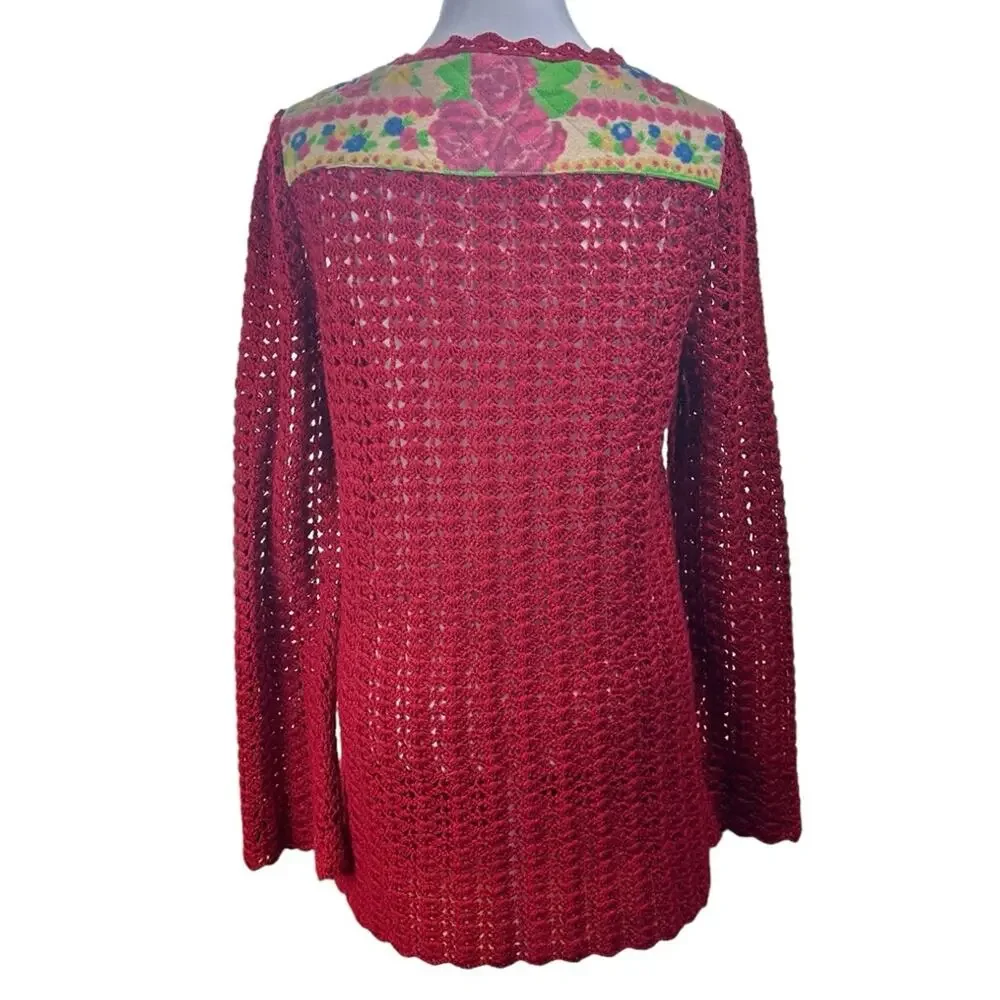 Free People Crochet Quilted Floral Sweater Red Boho Artsy Size Medium